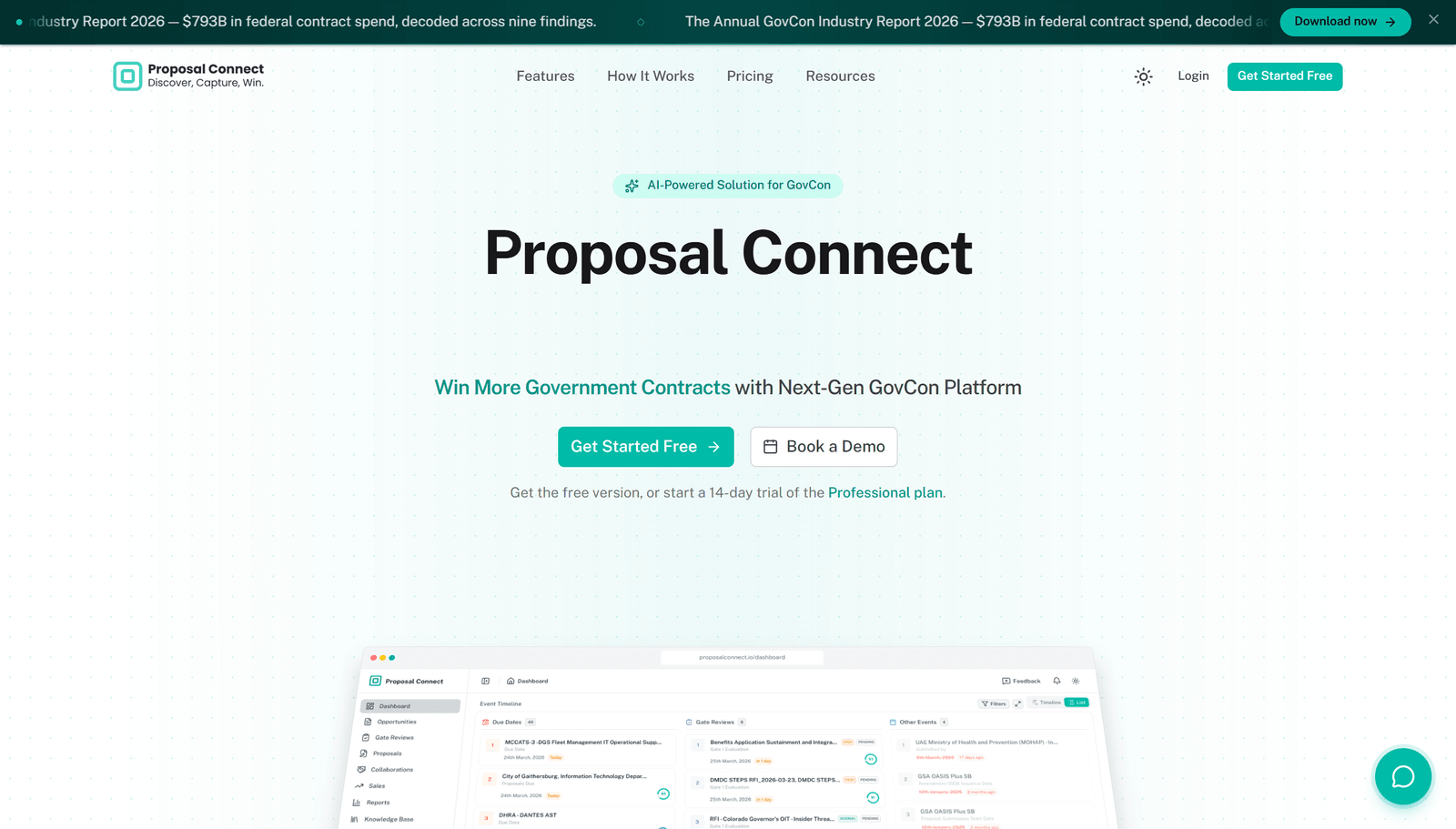 The Proposal Connect homepage with the Get Started Free button in the header and hero