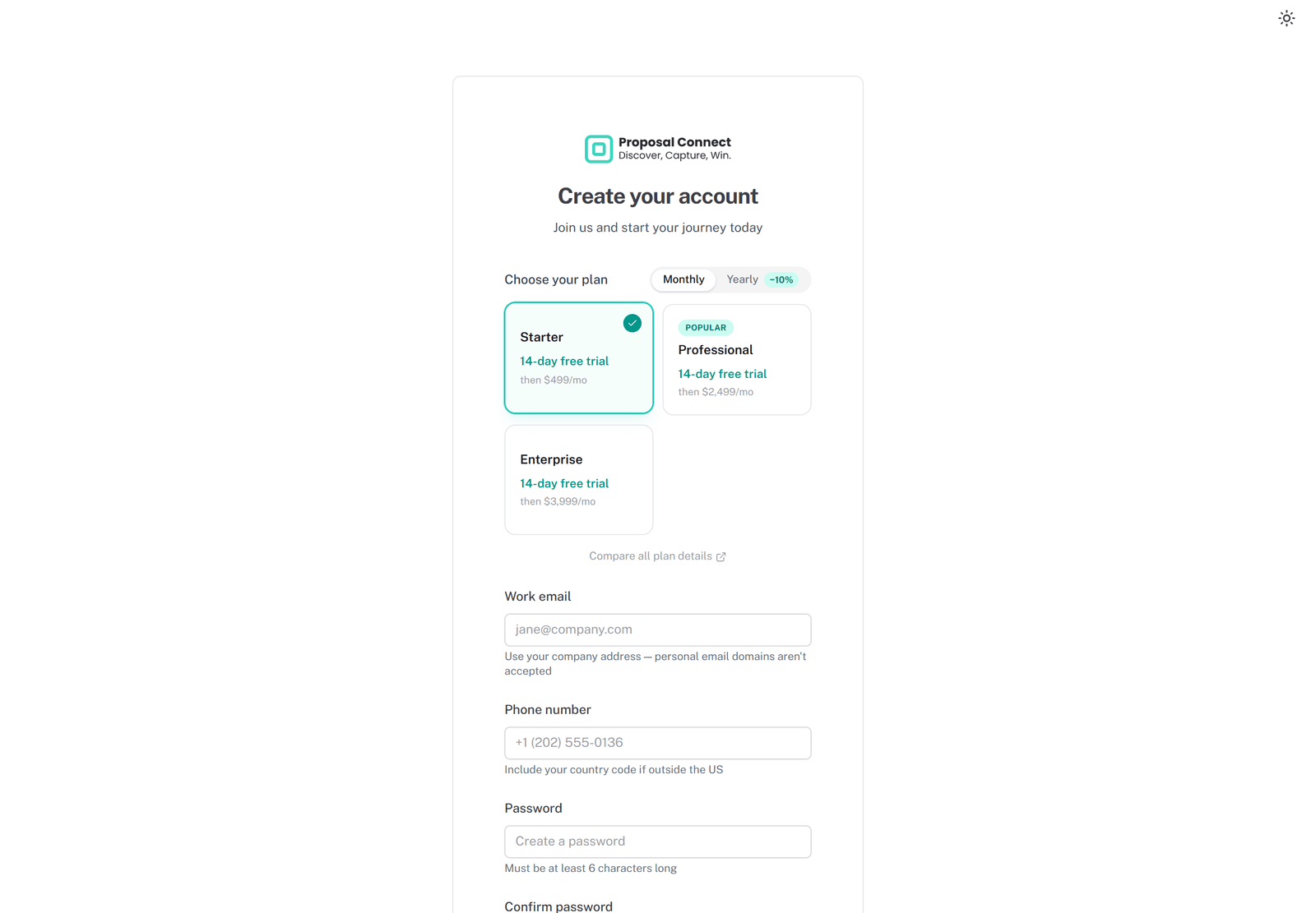 The Create your account page: the plan chooser above the work email, phone number, and password fields