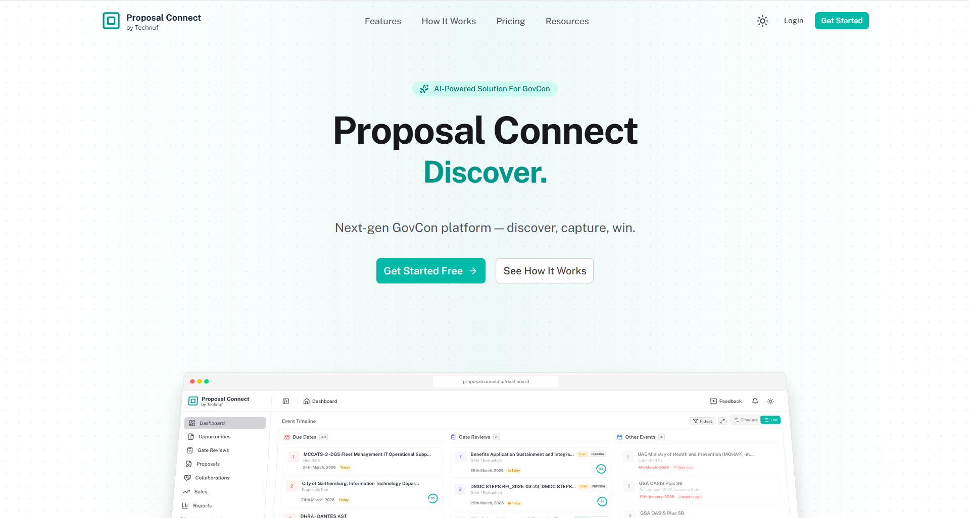 Proposal Connect dashboard screenshot showing AI-powered proposal automation for government contractors