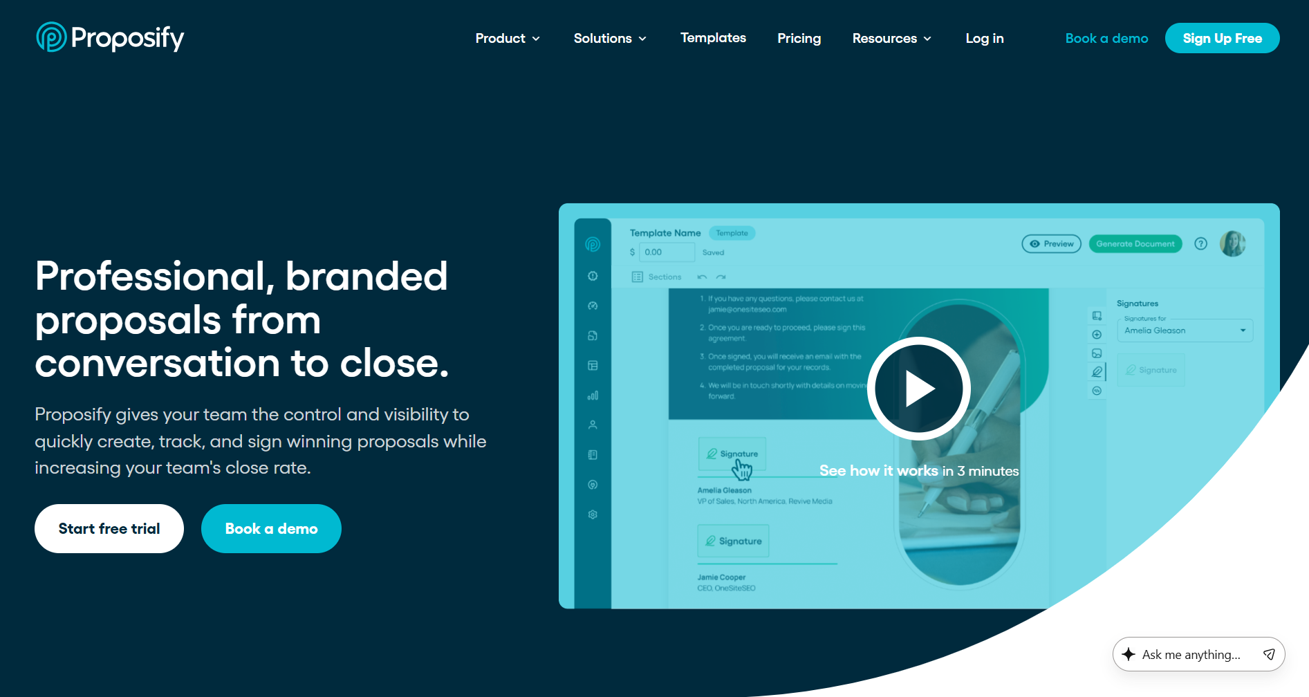 Proposify UI screenshot showing SMB sales proposal editor with e-signatures